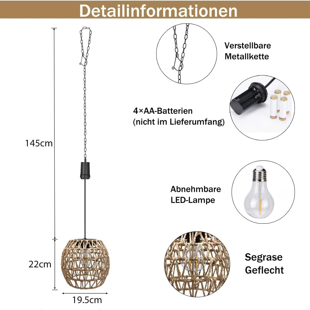 Pearlstar Hanging Lamp with Battery, Battery Operated Rattan Lamp, Hanging 6 Hour Timer, Outdoor Indoor Ceiling Light, Lantern Pendant Light for Patio, Garden, Patio, Living Room, Bedroom image number 6