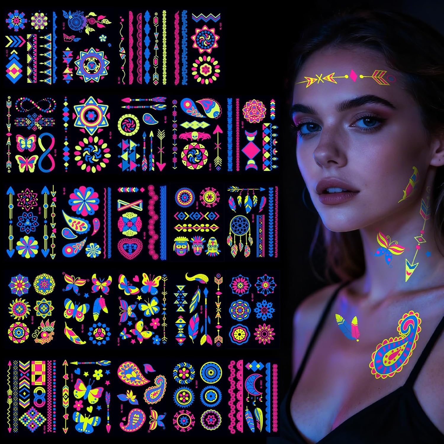 LOPHE Neon Tattoos, 24 Sheets Neon Face Tattoo for Sticking, Waterproof Glitter Tattoo, Black Light Make-Up under UV, Neon Party Accessories, Halloween, Carnival, Festival image number 4