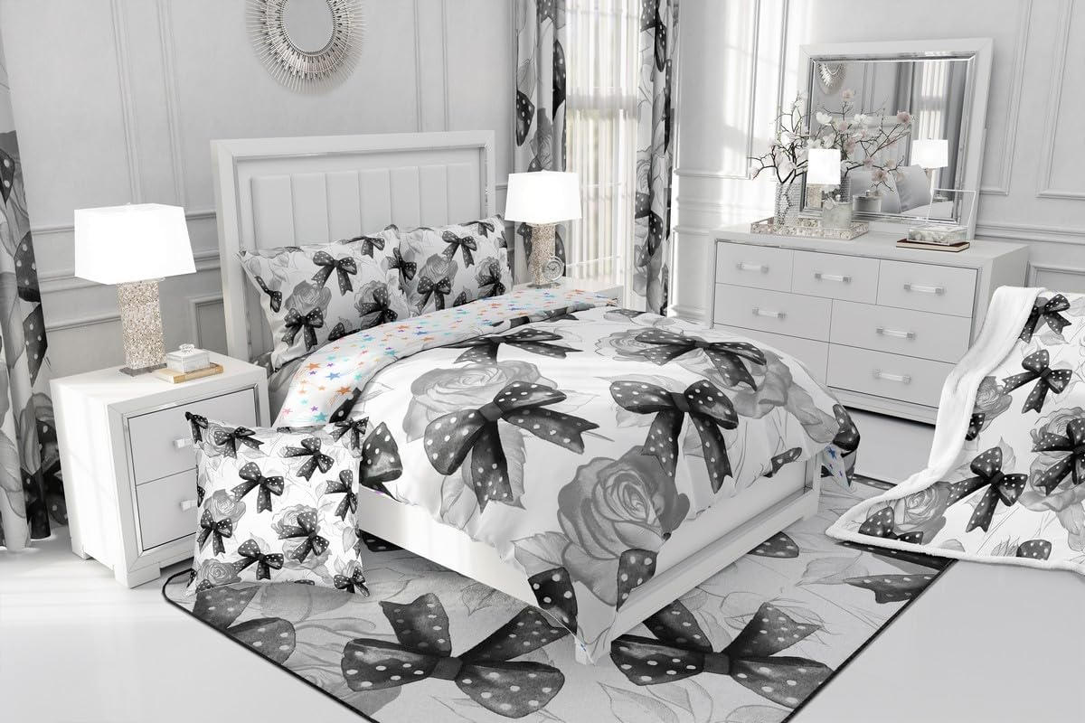 Homemissing Black White Bowknot Duvet Cover Set Double Size for Kids Girls Teens Bedroom Cute Coquette Bow Bedding Set Rose Bow Ribbon Comforter Cover with 2 Pillowcases image number 5