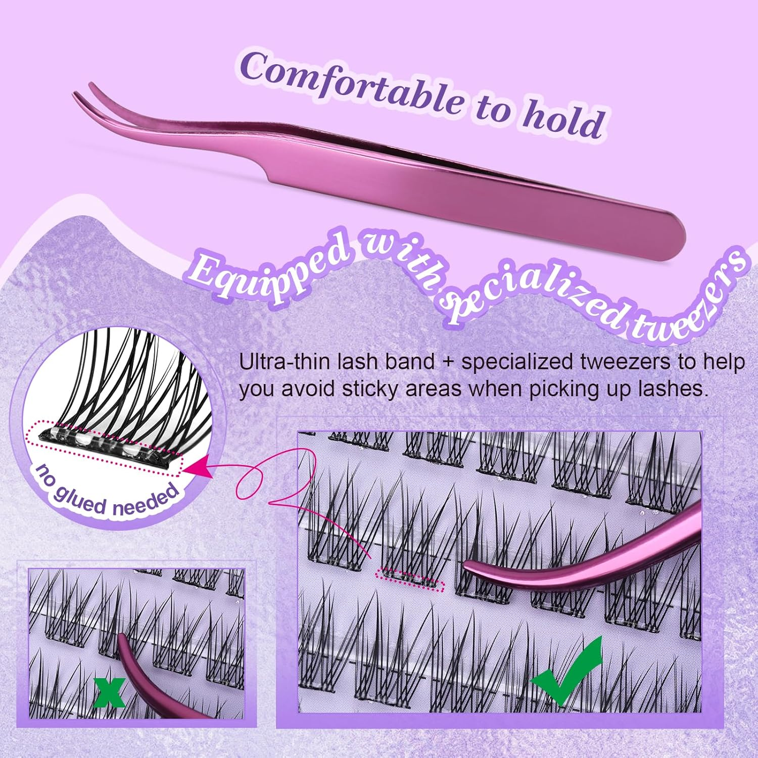 LZM Self Adhesive Lashes Clusters Pre Glued Eyelashes Press-On Lashes Individual Lash Extension with Lash Tweezers No Glue Needed Natural DIY Eyelash Extensions 10-13Mm (Kit-01) image number 4