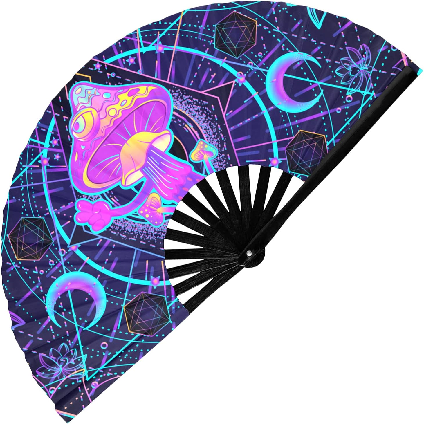 Glofx Rave Fan - UV Mushroom - Large Folding Fan - Music Festival Essential, EDM Rave Accessories, Folding Hand Fan, Clack Fan - Alice Cat image number 3