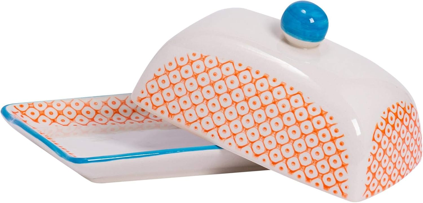 Nicola Spring Hand Printed Butter Dish with Lid - 18.5X12Cm - Orange Vintage Floral Porcelain Kitchen Butter Dish Fridge Cheese Storage Container for Cheese, Margarine image number 3