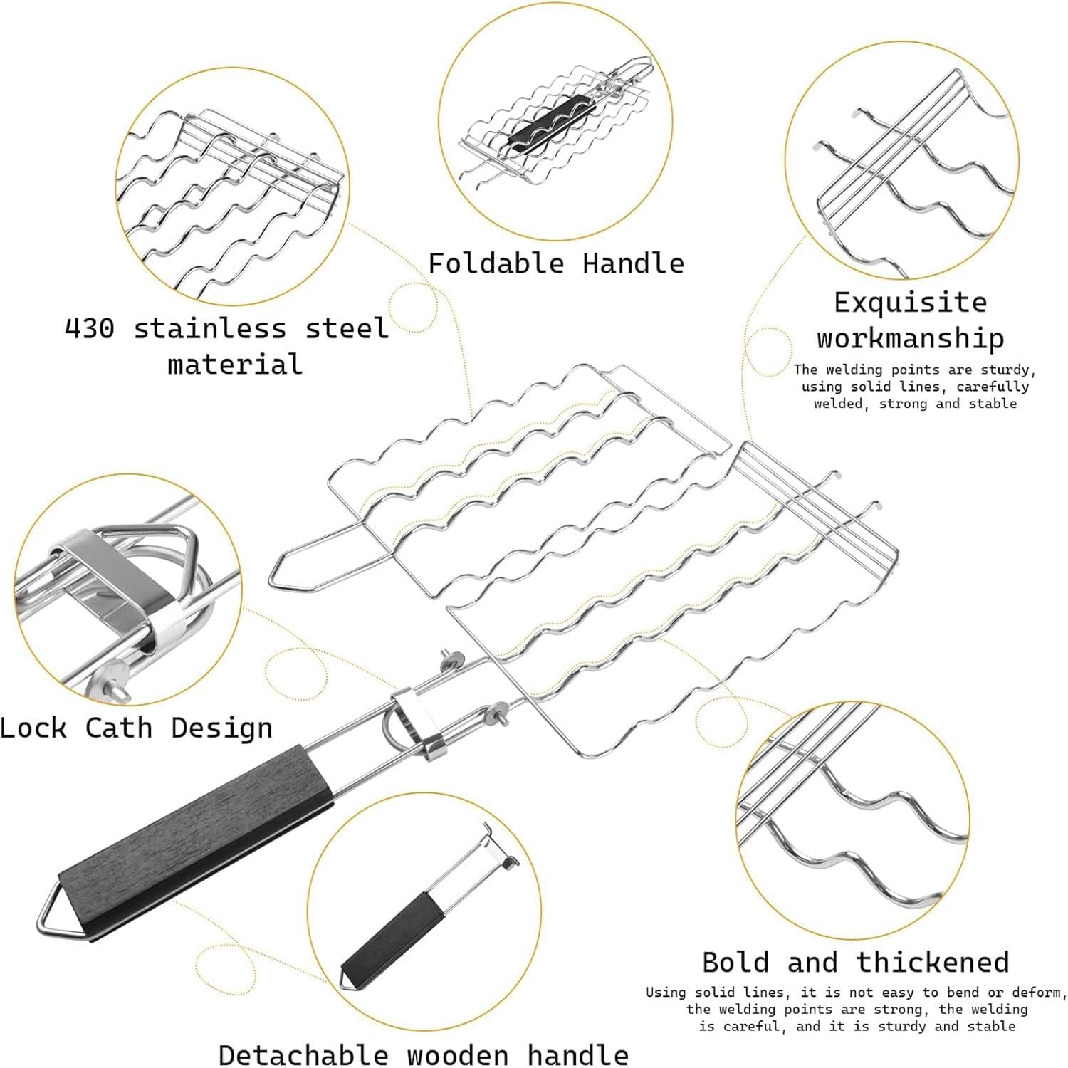 Hot Dog Holders for Grilling with Brush - 6 Hotdog Bbq Basket Stainless Steel Barbecue Mesh Clip，Removable Heat-Resistant Wooden Handle for Sausages, Steak, Vegetables Cooking, Easy to Clean & Store image number 3