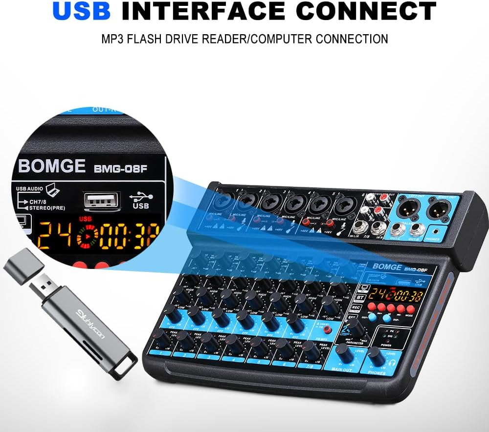 BOMGE 8 Channel Mini Audio Mixer Line Mixer, DC 5 V, with MP3 Player, Bluetooth, U Disk 48 V, 24DSP Effects, USB Recording Ideal for Small Clubs or Bars, Studio Recording (8 Channels-Black) image number 1