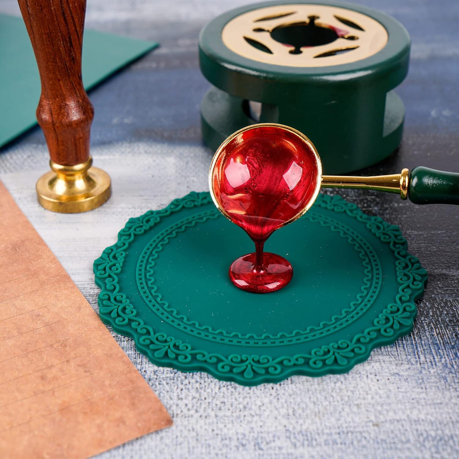 Wax Seal Kit with Furnace, Spoon, and Silicone Pad for Melting Beads or Sealing Sticks (Green) image number 4