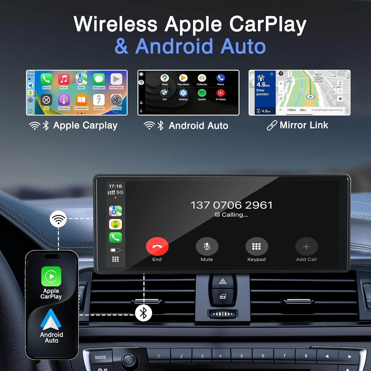 OTNBGSR 10.26'' Wireless Carplay Screen for Car,Portable IPS Android Auto Touchscreen - with Mirror Link、Bluetooth Audio、Siri Google Voice Assistant、Aux、Ahd Reversing Camera