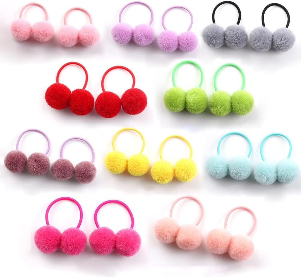 20 Pcs Plush Ball Hair Band Pom Ball Elastic Hair Ties Colorful Pom Hair Ties Elastic Ponytail Holders Children Fluffy Ball Elastic Band Ropes Lovely Hair Ring Hair Accessories for Girls