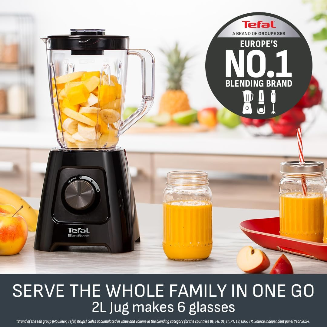 Tefal Blendforce II Blender, 2L Plastic Jug, 1.25L Effective Capacity, 600W, 4 Removable Stainless Steel Blades, Smoothie Blender, Ice Crush, 2 Speeds + Pulse Kitchen Blender, Black, BL420840