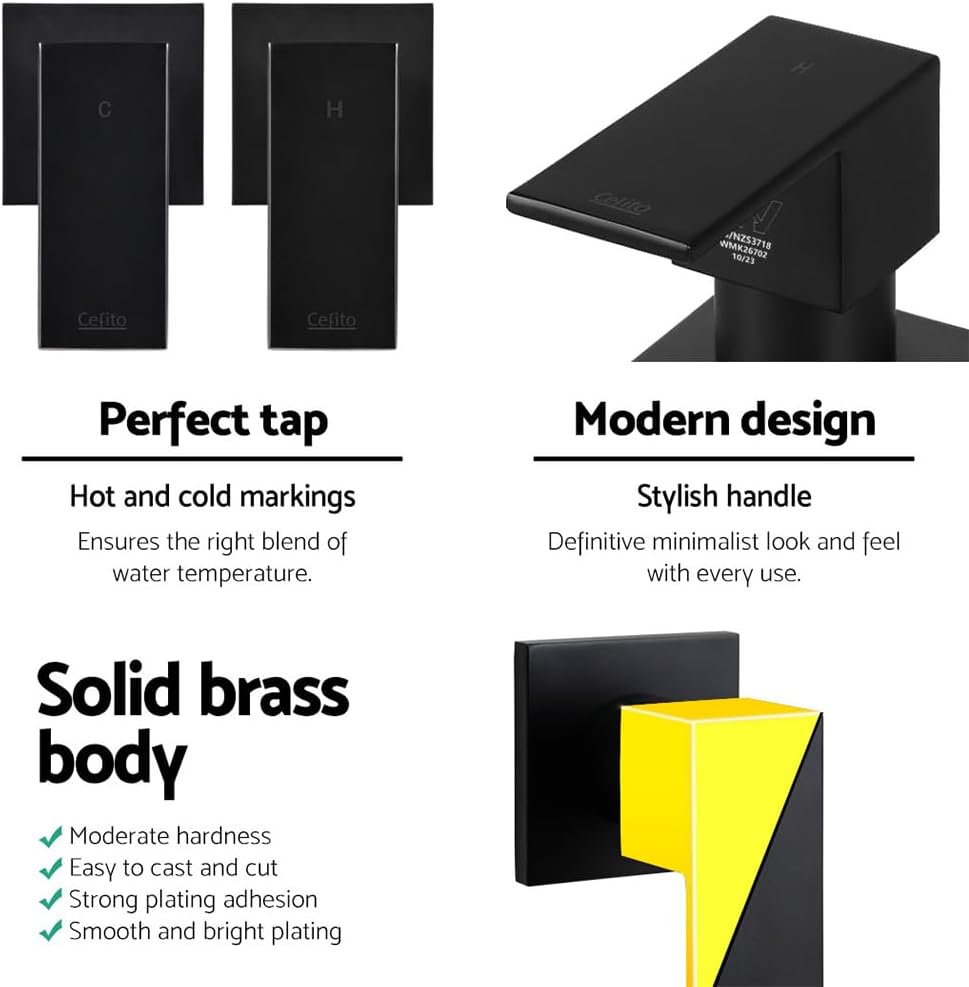 Cefito Shower Tap, 6 X 7 X 8.5Cm Mixer Showers Faucet Head Showerhead Tap Bath Accessories Bathroom Toilet Set Kitchen Fixtures Wall, for Hot and Cold Solid Brass Body Black image number 4