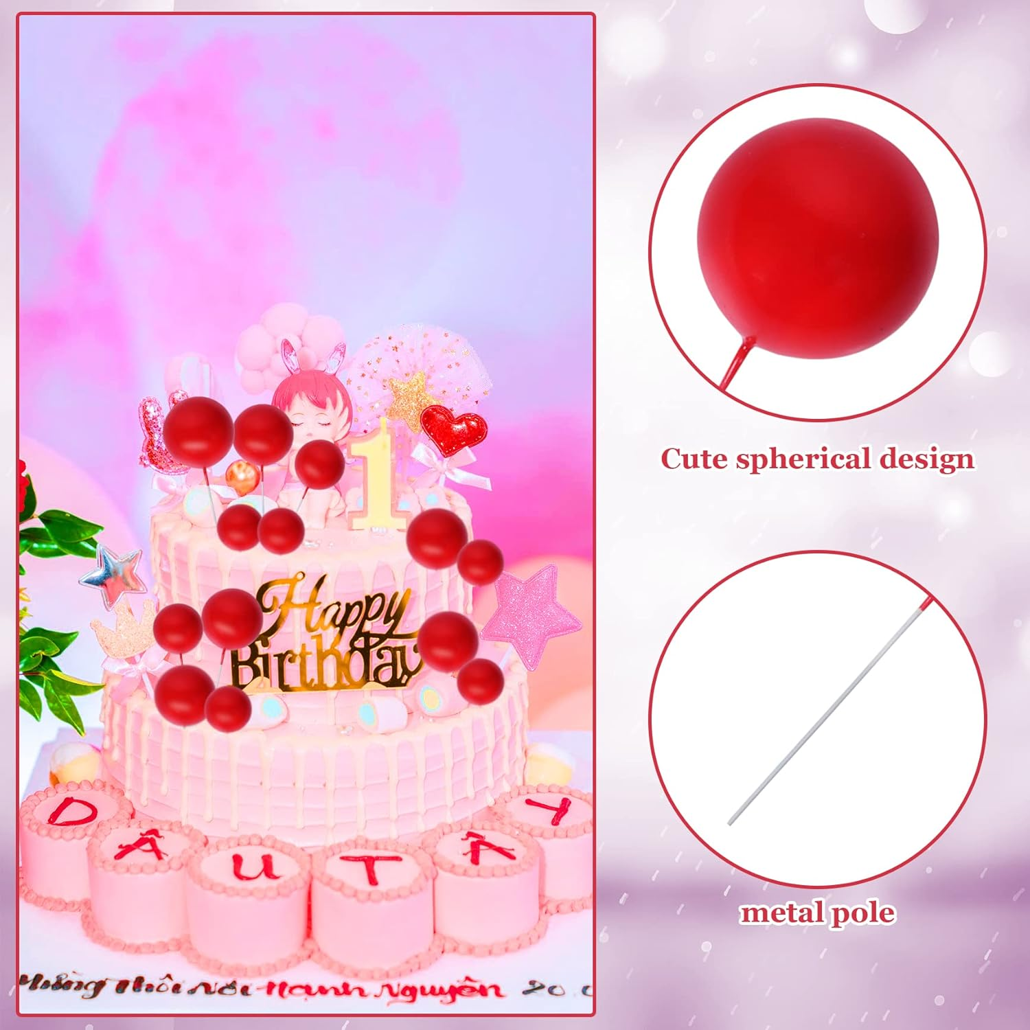 30Pcs Mini Balloon Cake Topper, round Foam Cupcake Topper Ball Cake Decoration,Diy Cake Insert Topper for Birthday Anniversary Graduation Party Decor Red - Blue image number 3