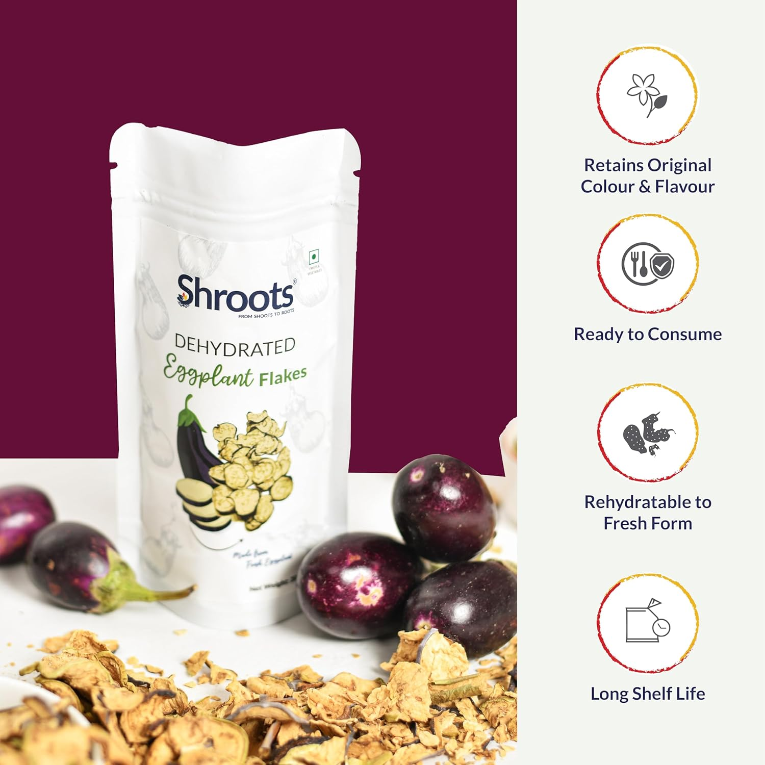SHROOTS Dehydrated Eggplant Flakes Pure Vegetarian Gluten-Free No Added Salt Easy Cooking Machine Essential Dried Vegetable Boosted with Aroma Fiber Perfect for Fillings or Salads 0.71 Oz, Pack of 1