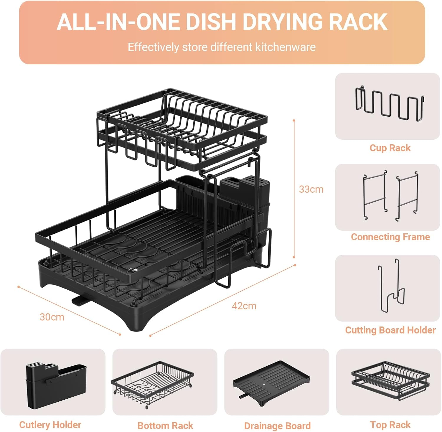 Jabykare 2-Tier Dish Drying Rack with 360&deg; Rotating Drainer Board, Strong Carbon Steel Dish Drainer with Cutlery Utensil Rack & Holders for Kitchen Storage & Organisation (Black) image number 5
