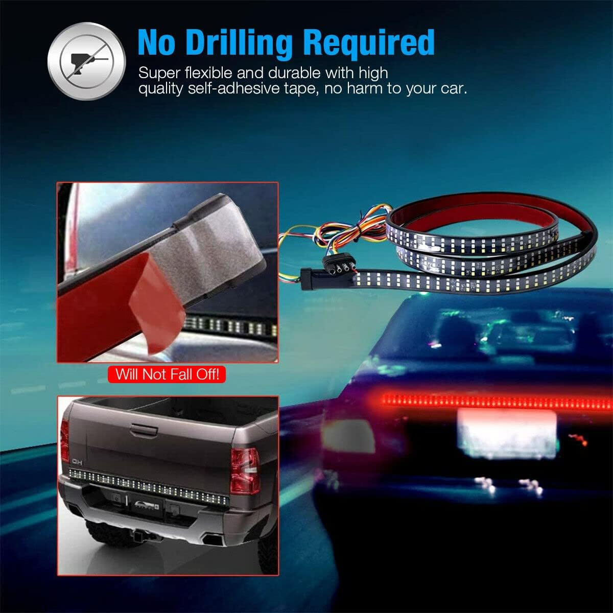 60In LED Tailgate Light Bar Strip for Pickup Truck 3-Color Red White Yellow Switchback, Sequential Turn Signal, Reverse, Brake, Tail Light Kit