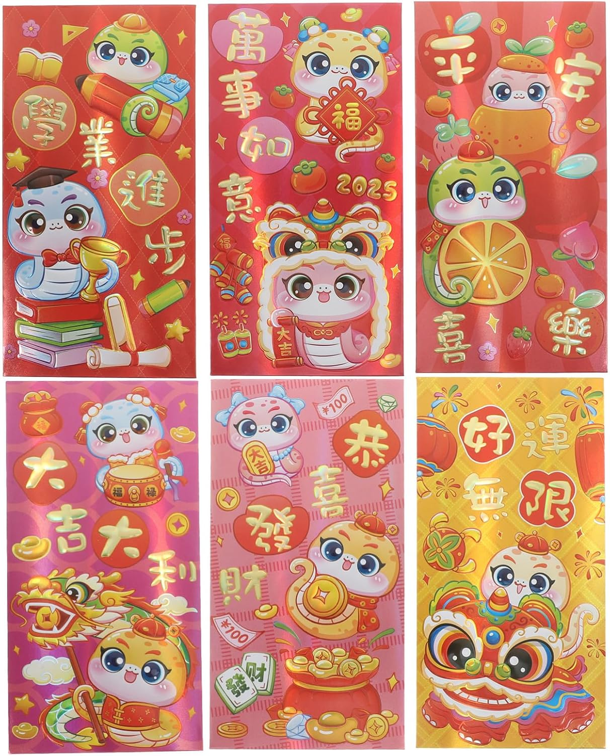 Tofficu 6Pcs Red Envelopes Chinese, 2025 Snake Red Pockets, Chinese Hongbao Lucky Money Envelopes for Chinese Lunar Year