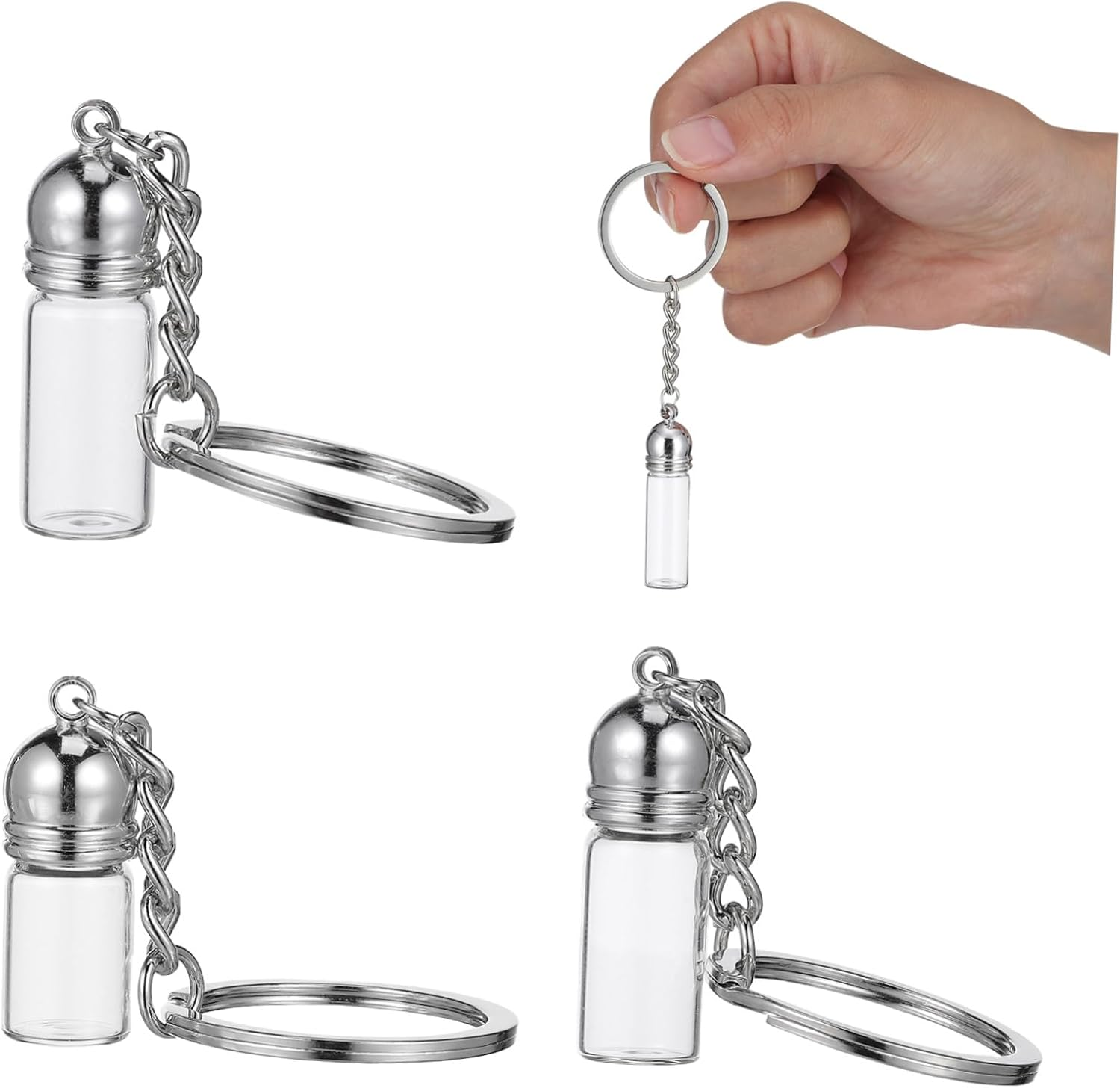 SOLUSTRE 3Pcs Small Transparent Glass Vials Keychain with Silver Acrylic Caps Multi-Functional Essential Oil Pendant Bottles for DIY Hanging Decor Travel and Purposes image number 3