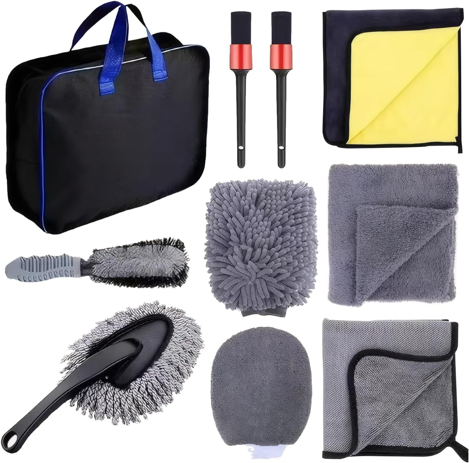 10 PCS Car Wash Tool Cleaning Kit with Storage Bag - Microfiber Mitts, Drying Towel, Waffle Cloths, Alloy Wheel Brush, 2 Detail Brushes, Valeting Essentials, Set image number 3