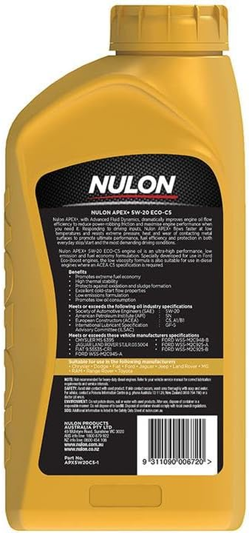 Nulon APEX+ 5W-20 ECO C5 Engine Oil 1L Full Synthetic APX5W20C5-1 image number 2