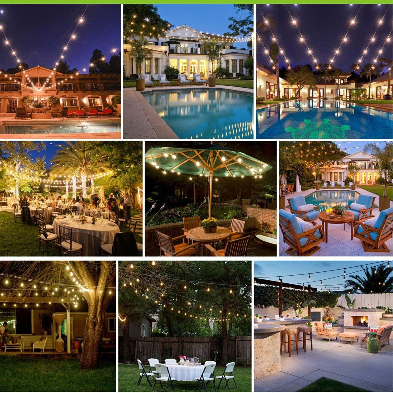 LED Outdoor String Lights- Geecol 49Ft Waterproof IP65 Commercial Grade S14 Heavy Duty Festoon String Light 15 Hanging Sockets with 15 S14 2W LED Bulb Warm White 2700K for Party Patio Garden image number 6