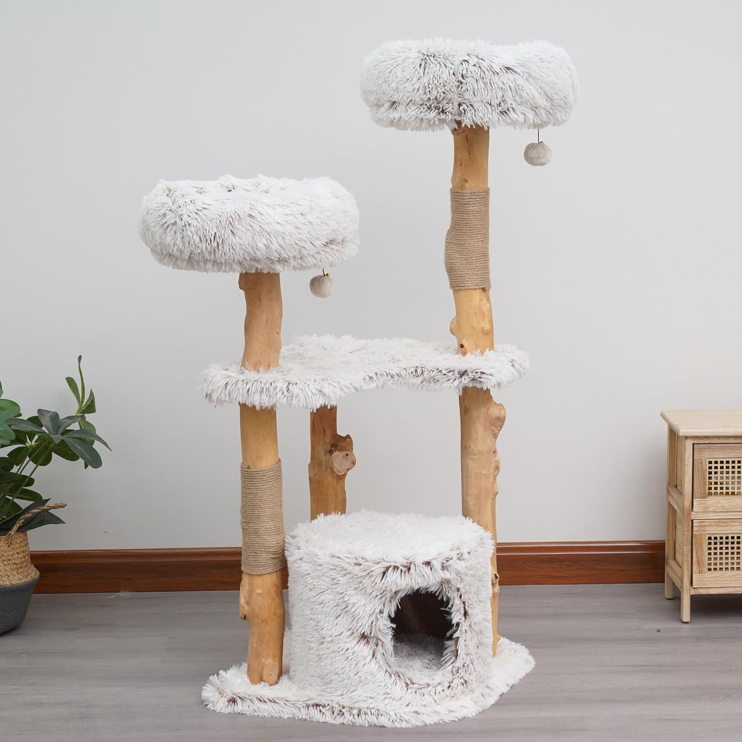 Cattitude Cat Scratch Playground Kitty Delight, White&Grey&Wood, 122Cm Height - Cat House, Sisal, Hanging Rope, Soft Plush Material, Multi-Level Cat Tree image number 1