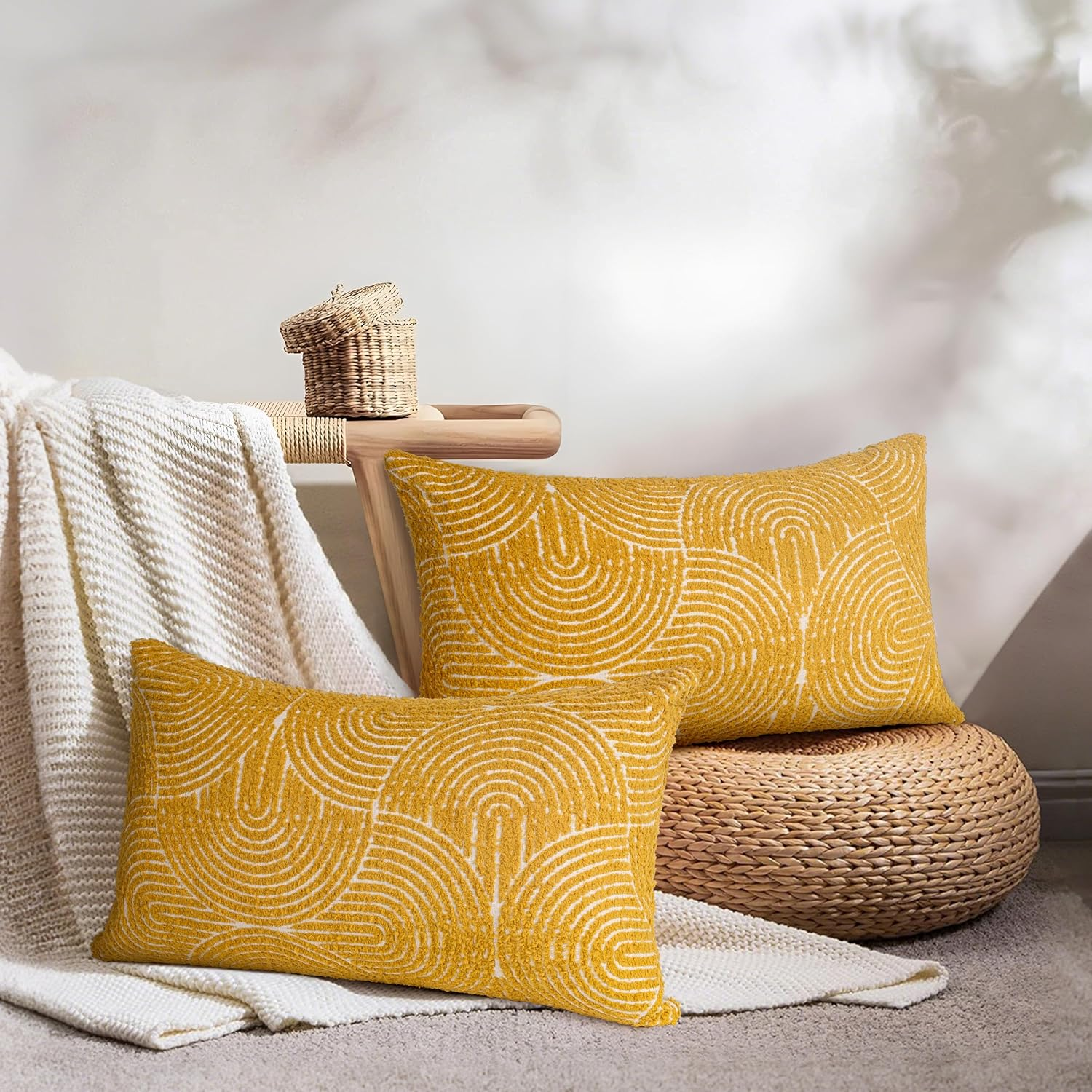 AELS Boho Decorative Textured Throw Pillow Covers 12X20, Organic Modern Mid Century Rainbow Tufted Pillow Case, Farmhouse Rustic Geometric Woven Cushion Case for Bed Couch Sofa, Mustard Yellow image number 3