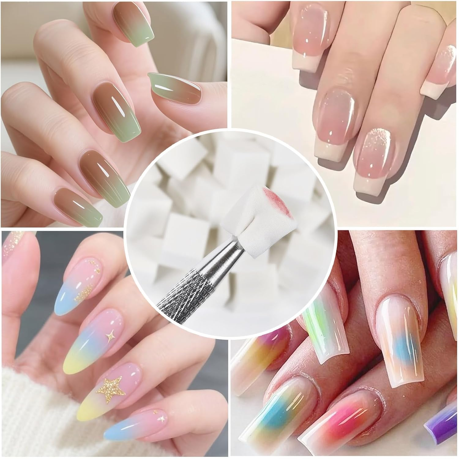 Wishesmar Pack of 100 White Nail Art Sponge for Gradient Nail Design to Create with Metal Gripper, 5 Sheets Nail Stencils Sticker Tweezers, Nail Brush Sponge Brush Applicator Accessories image number 1