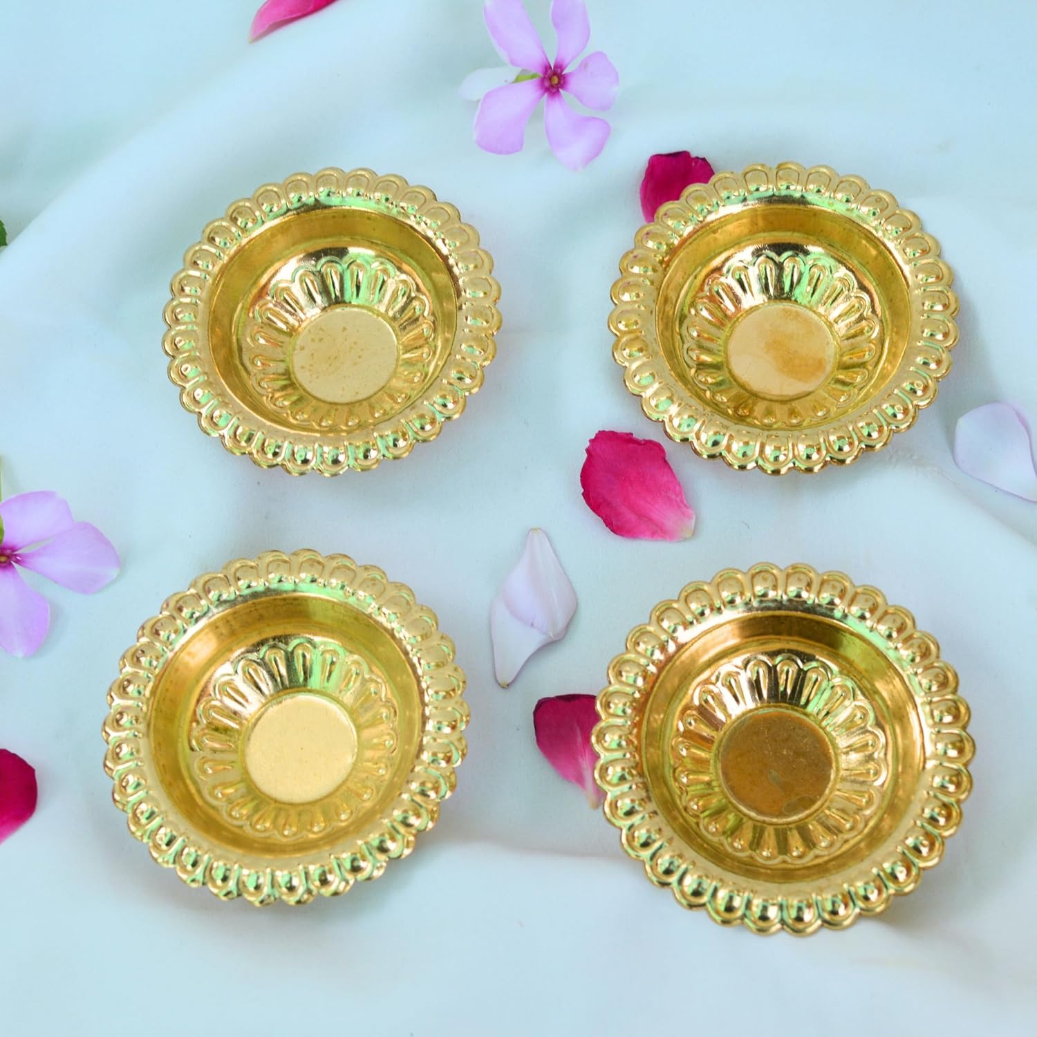 Handmade Gold Engraved Diya Traditional Indian Oil Lamp, Brass Diya for Pooja and Other Religious Rituals - Deepawali /Home Decor/Office and Temple/ Festive Gift (Pack of 4) image number 5