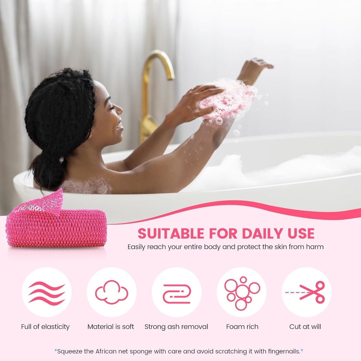 Authentic African Net Sponge with Knots- Long Stretch Exfoliating Sapo Body Scrubber, African Bath Sponge for Back & Feet, Dead Skin Remover, Shower Wash Cloth, 120CM, Pink