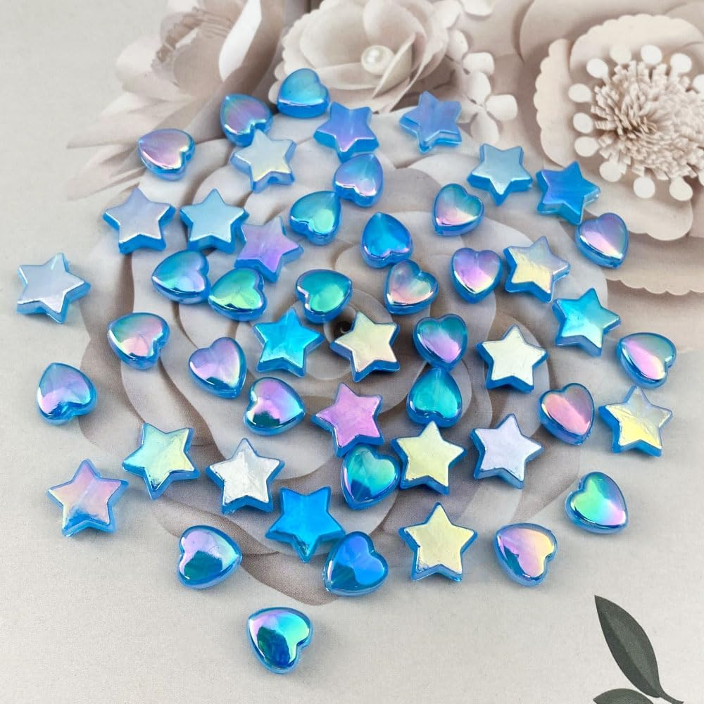 600 PCS Acrylic Beads Heart Star Shape Beads Clear Acrylic AB Colors Bead Assortments Colorful Flat Bead-In-Bead Loose Beads Spacer for DIY Necklace Bracelet Jewelry Craft Making (Deep Lake Blue AB) image number 2