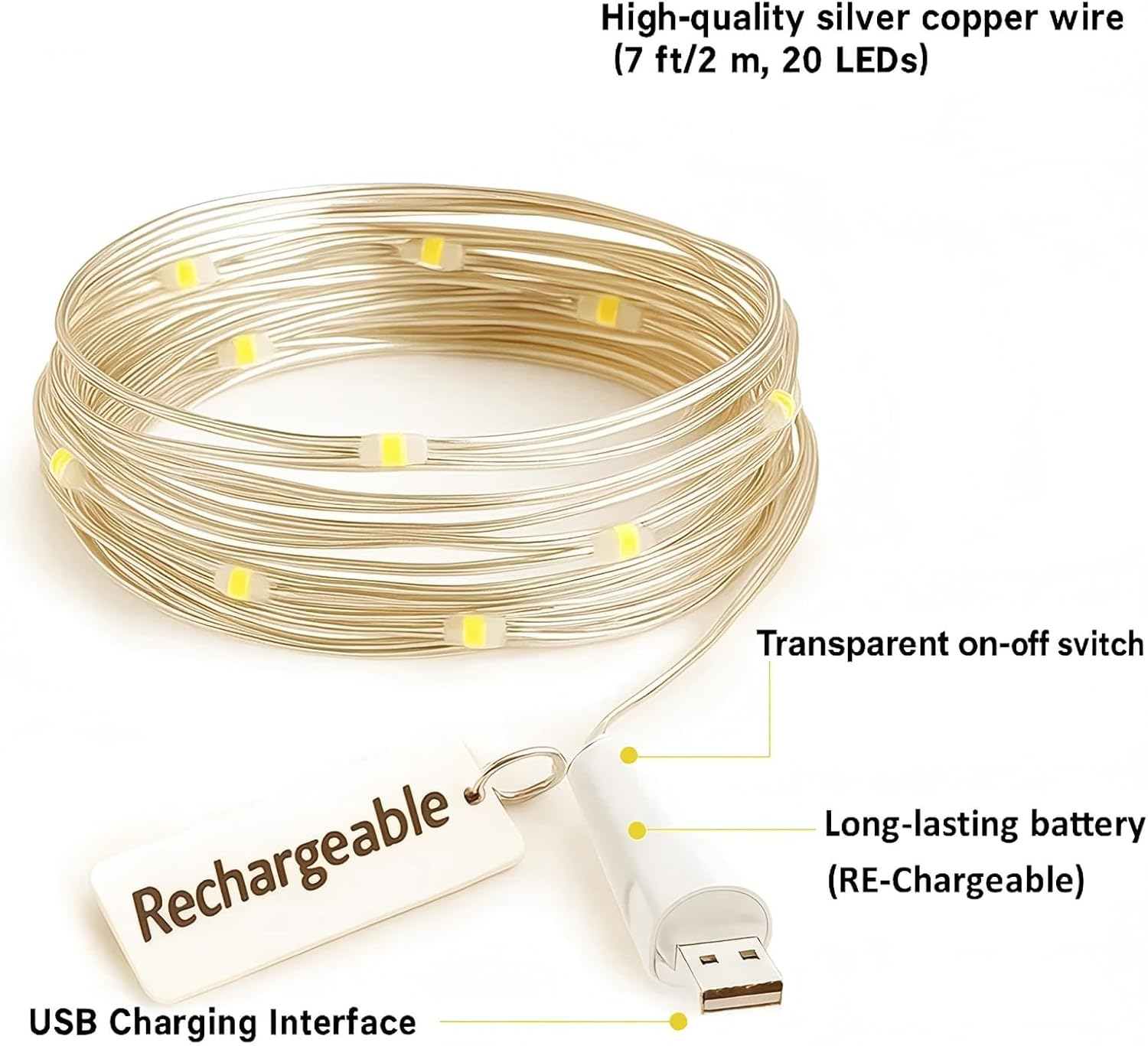 Rechargeable LED Fairy Lights &ndash;USB Powered Battery Operated String Lights, Warm White Waterproof Copper Wire Firefly Lights for Mason Jars Bedroom Wedding DIY Decor Christmas (Multicolor, 1Pack) image number 4