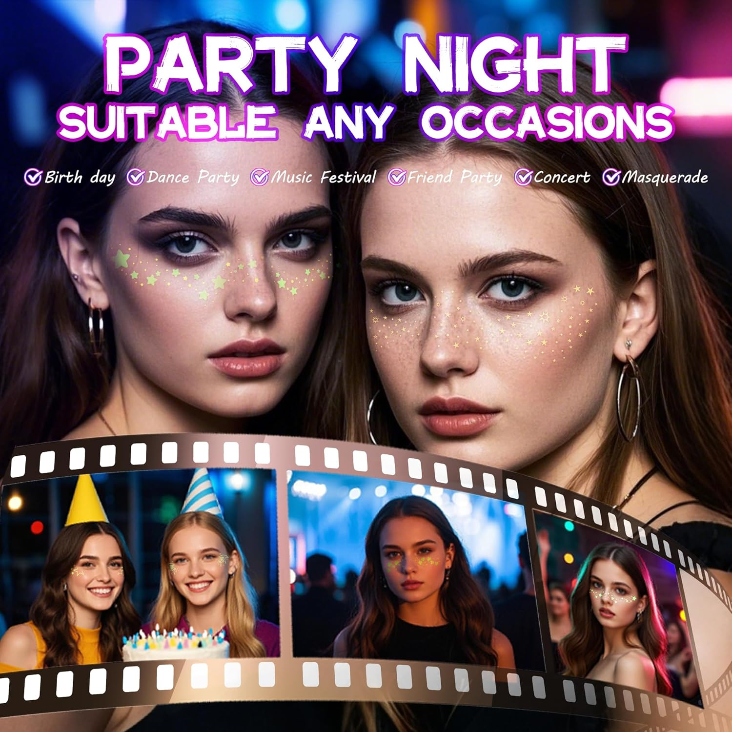 VANERIA Glitter Freckles Face Tattoo 8 PCS Sparkle Star Freckles for Girls,Face Glitter Makeup Patches (Rose Gold) - Gold image number 2