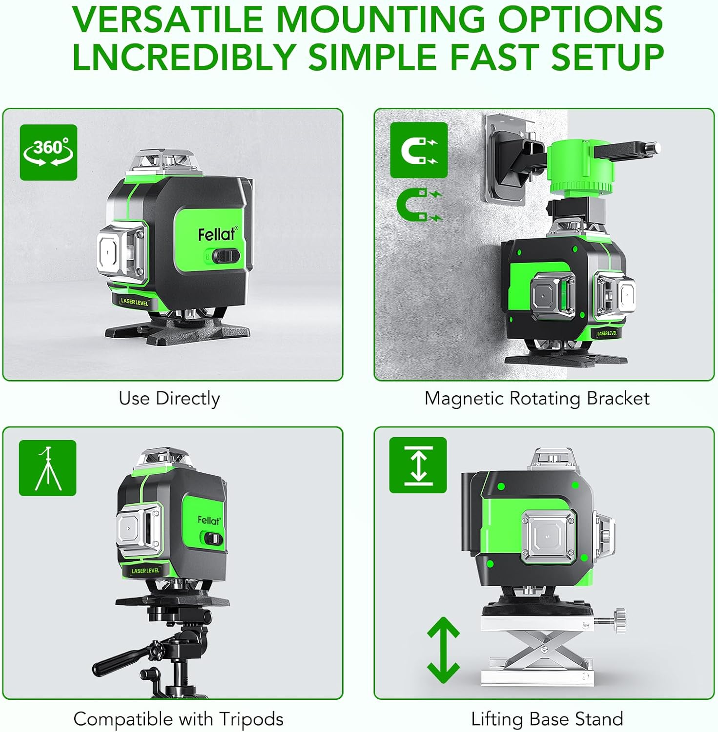 Cross Line Laser 4 X 360&deg; Cross Line Laser Green Self-Levelling Laser Spirit Level 16 Line Laser Rotation Laser with 2 X 4000 Mah Rechargeable Batteries and Remote Control image number 2