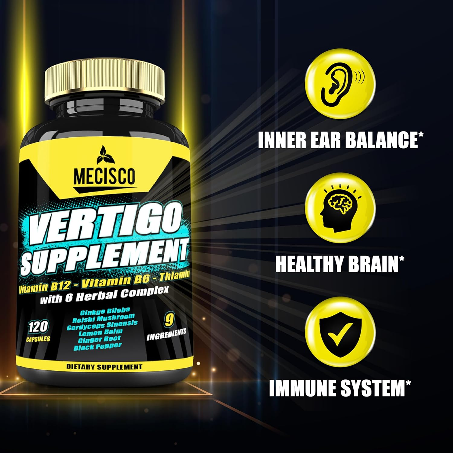 9In1 Vertigo Supplement - Added Vitamin B1, Vitamin B6, Vitamin B12, Ginkgo Biloba, Reishi Mushroom, Cordyceps Sinensis & More - 120 Capsules image number 6