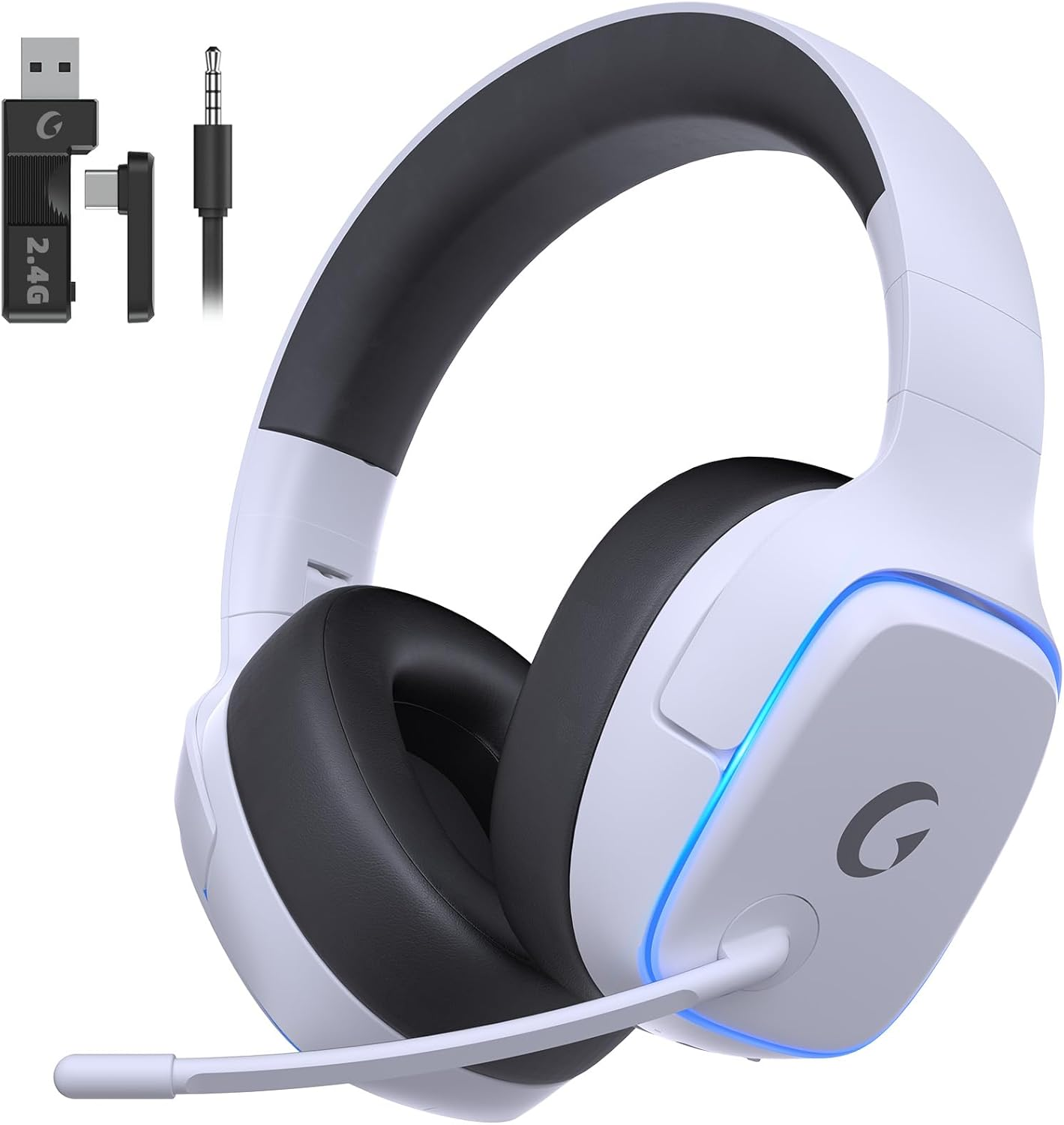 2.4Ghz Wireless Gaming Headsets for PS5, PS4, PC, Switch - Bluetooth 5.3 Gaming Headphones with Noise Canceling Mic, 7.1 Surround Sound, 70H Battery, Blue Lighting-Matt White image number 1