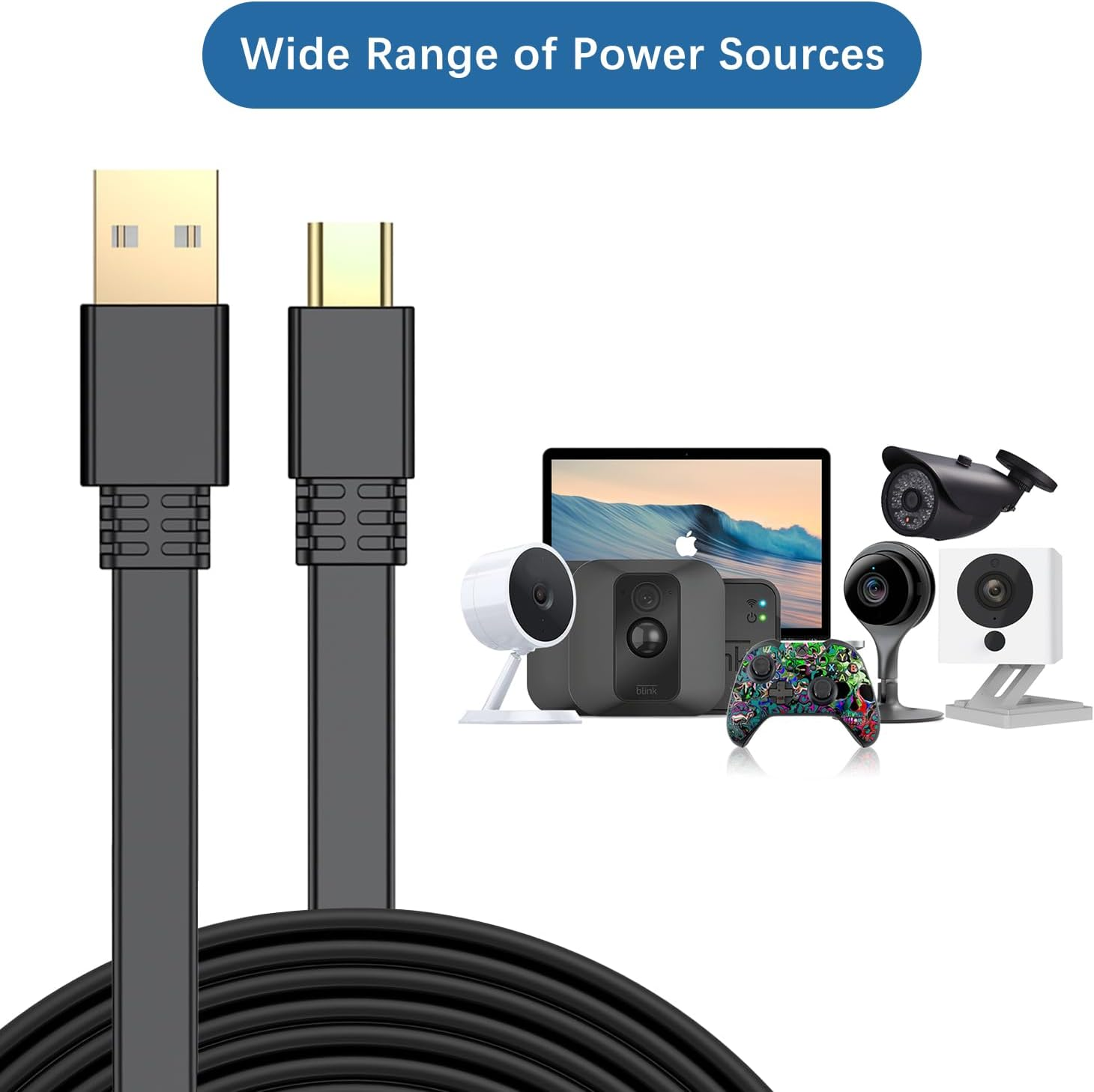 Basesailor Micro USB Power Cable 3M/2Pack,Flat Micro USB Charging Power Cord,Charger for Wyze Cam V3 V4 Pan,Nest Yi,Blink Mini XT XT2 Outdoor/Indoor 3Rd Gen,Zmodo,Furbo Dog,Netvue,Xbox One Controller image number 6