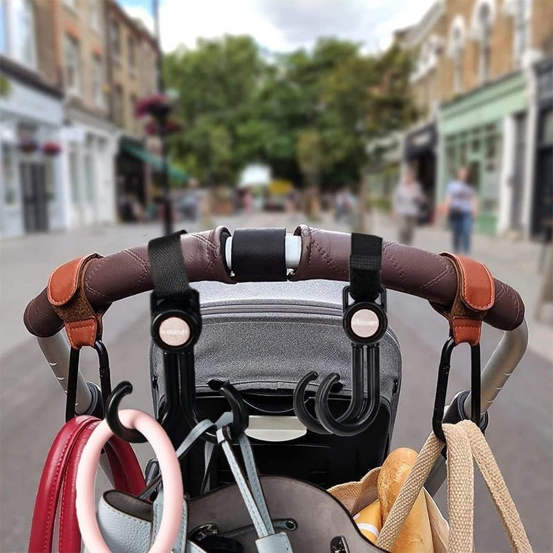 WANXINPT 4-Pack Heavy Duty Pram Hooks - 360&deg; Rotating Stroller Bag Clips for Diaper Bags, Shopping & Travel | Universal Baby Pram Accessories (Black) image number 3