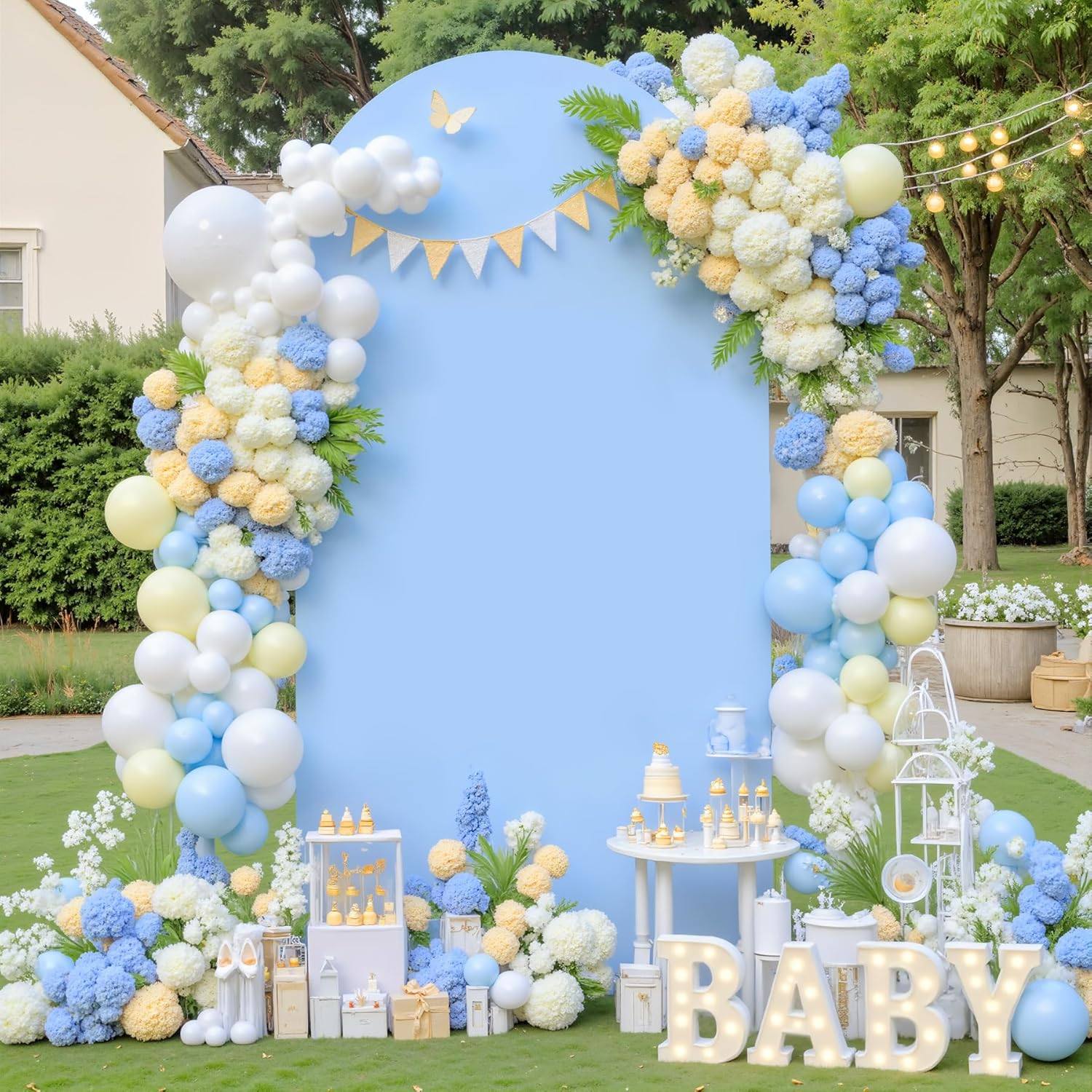 Wedding Arch Backdrop Cover, 6.6FT White Blue Arch Cover Stretchy Backdrops, Double-Sided Arch Stand Covers for Wedding Ceremony, Baby Shower, Birthday Party Decoration