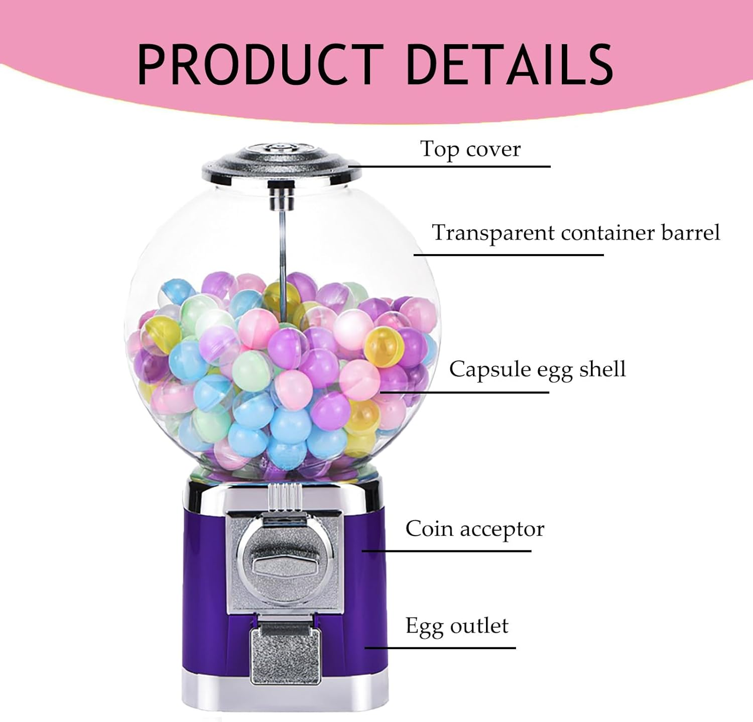 Capsules Vending Machine, Candy Gumball Vending Machine, Toy Balls Dispenser, Coin Operated round Capsules Bouncy Ball Dispenser for Game Retail Stores,Pink image number 4