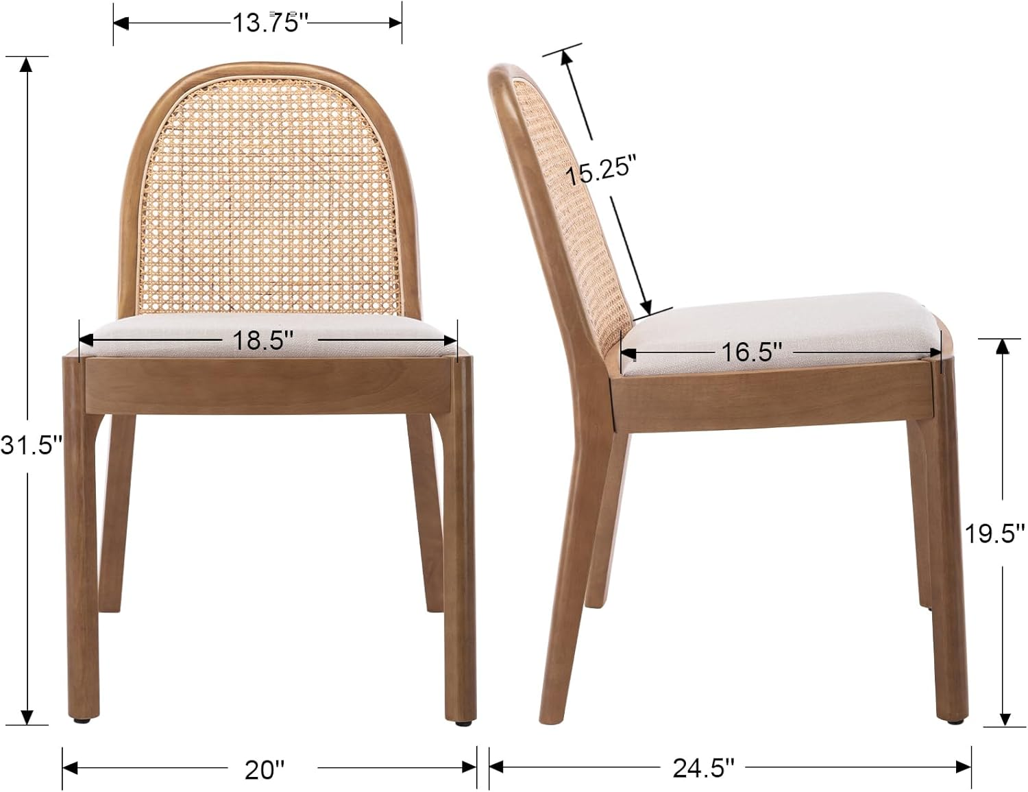 Ya-Home Mid Century Dining Chairs Set of 2, Linen Upholstered Kitchen Chairs W/Rattan Back, Farmhouse Side Chair Solid Wood Accent Chair for Home/Living Room/Dining Room/Restaurant, Beige image number 2