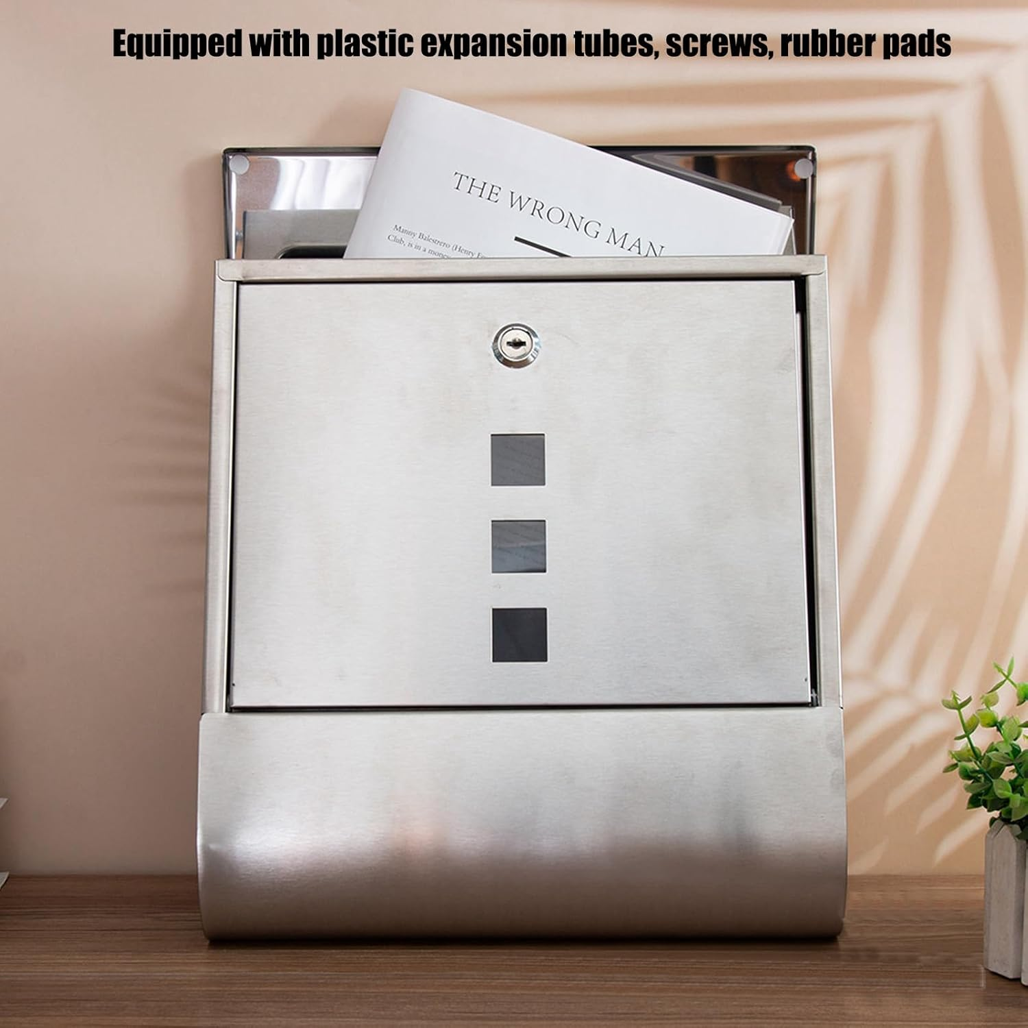 European Style Locking Mailbox with Narrow Slot, 2 Keys, Small and Compact Stainless Steel Wall Mounted Vertical Mailboxes for outside Garden image number 2