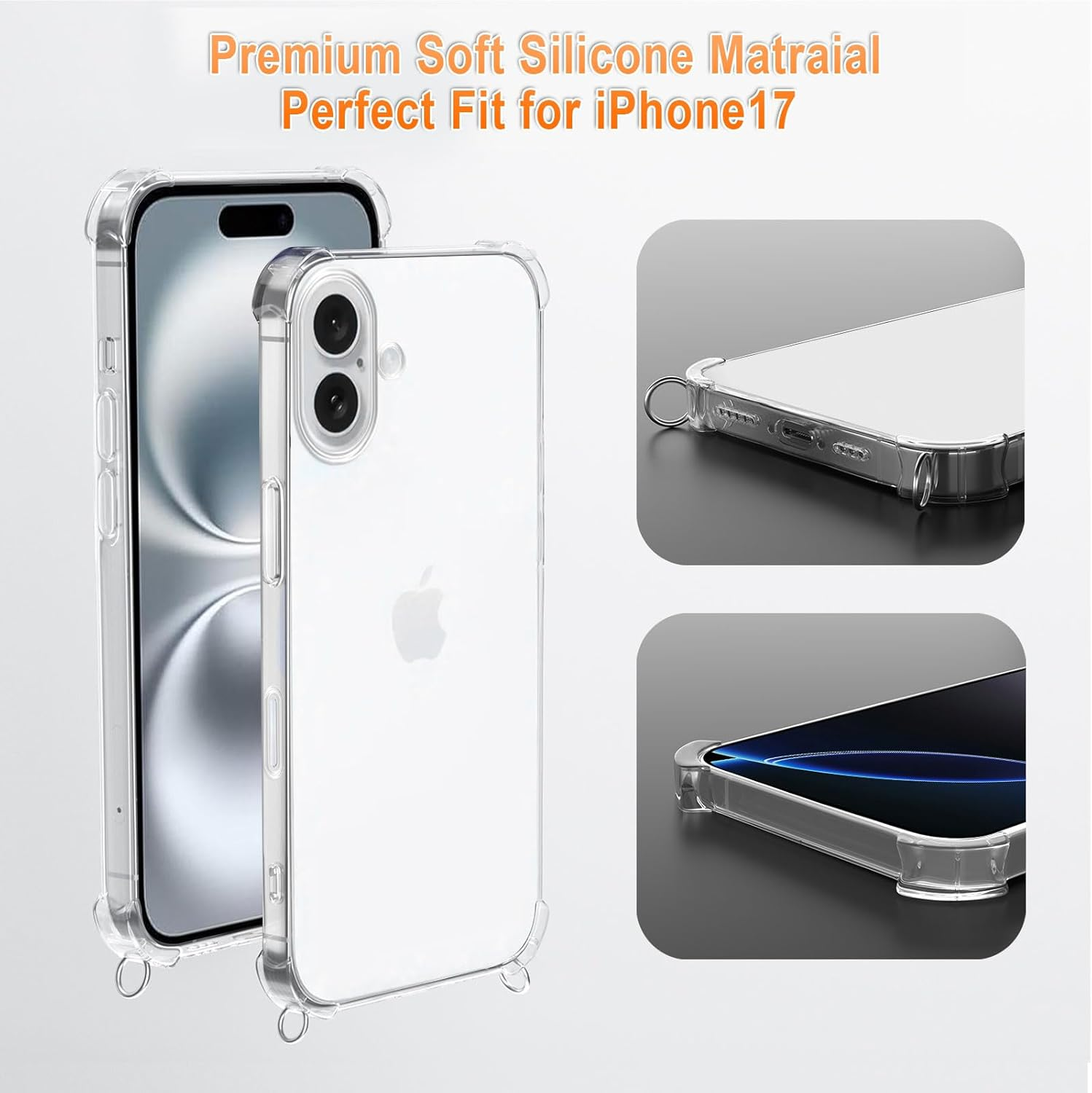 XTCASE Mobile Phone Chain for Iphone 17 Case with Strap, Transparent Silicone Mobile Phone Case for Iphone 17 with Chain, Shockproof Protective Case - Cord with Case for Hanging in Rose Gold