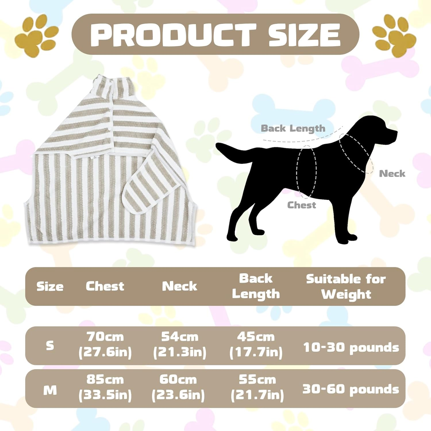 Dog Bath Coat - Ultra Absorbent Microfiber Quick Dry Striped Bathrobe - Corn Flannel Super Soft Towel with Adjustable Neck Snap Fastening for Baths, Swims (M) image number 1