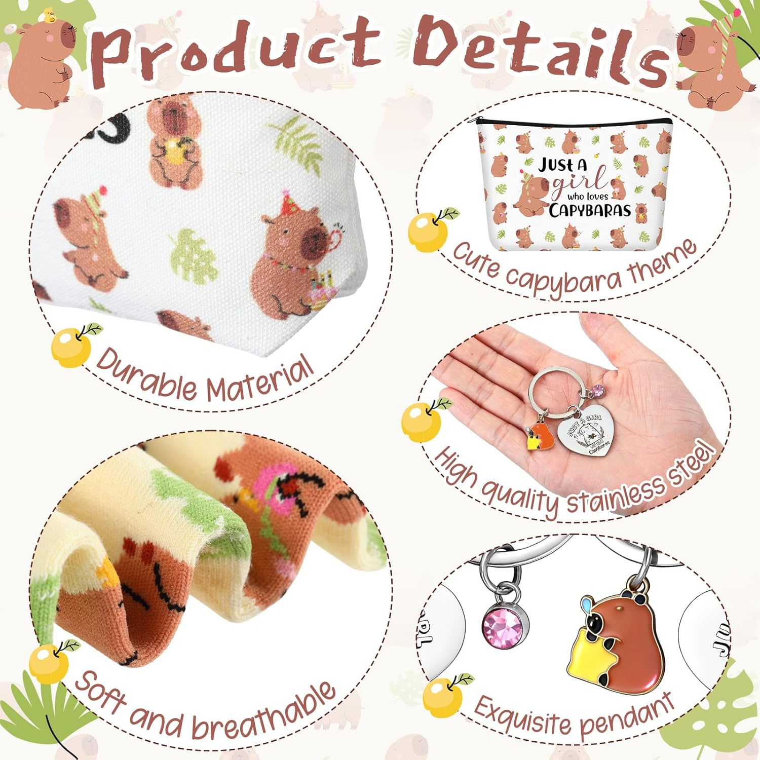 Xuniea 3 Pcs Capybara Gift Set Just a Girl Who Loves Capybaras Makeup Pouch, Keychain, Socks, Cute Capybara Themed, Pet Lover Present, Birthday, Christmas Animal Theme Gift for Friends, Family, Colle image number 4