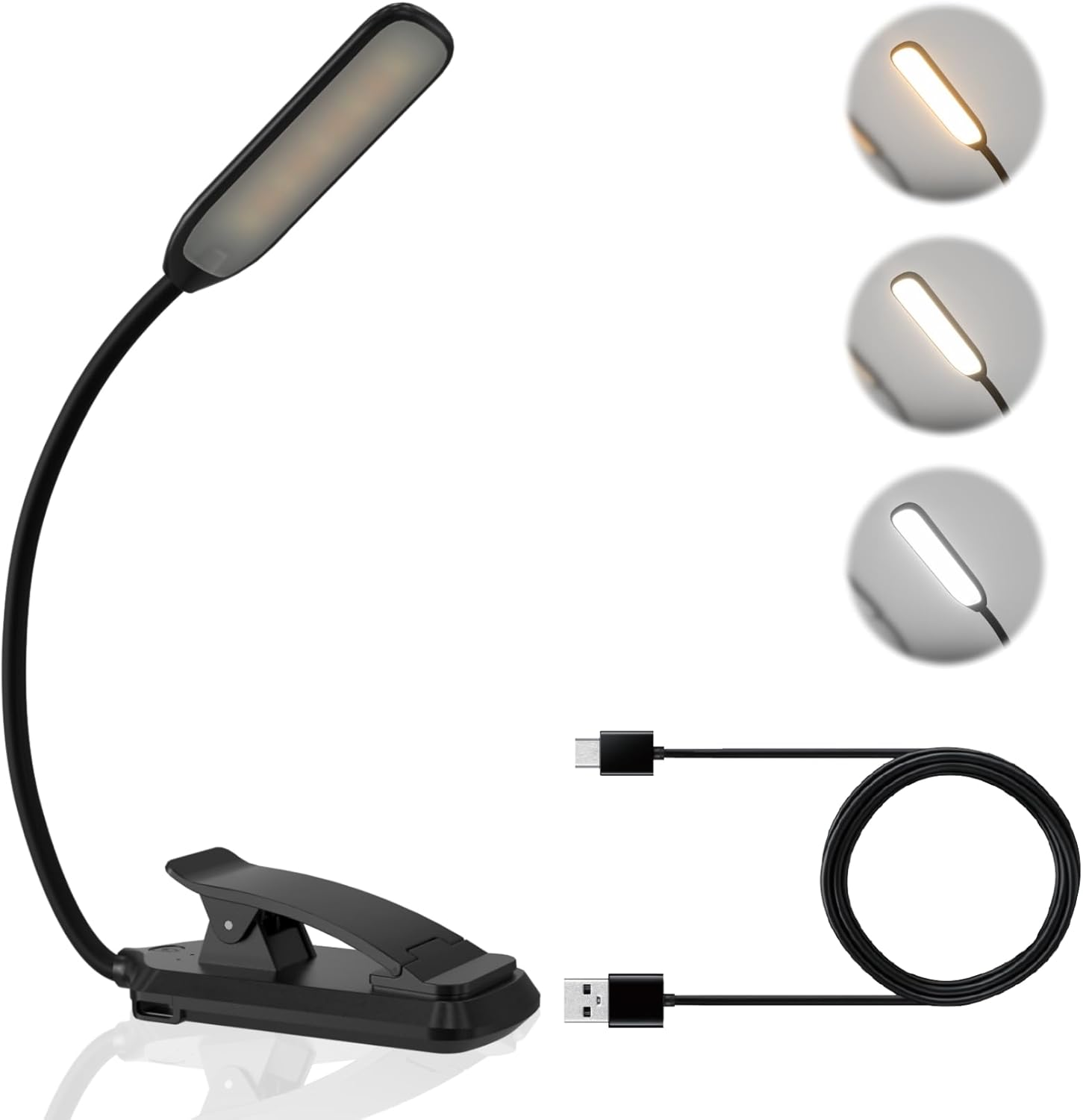 LUTW LED Book Light, 3 Eye-Friendly Colours and Stepless Dimming Reading Light, USB Rechargeable Clip on Light, Long Battery Life, Flexible Arm, Lightweight, for Bedside, Desk & Study, Black