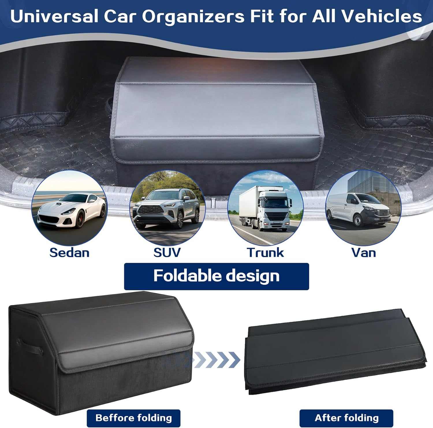 Trunk Organizer for SUV Sedan, Car Boot Organizers, Suede Nappa Leather Storage Box, Collapsible Adjustable Multi Compartment Magnetic Lid, Car Storage Boot Tidy Organizer Accessories (Black) image number 5