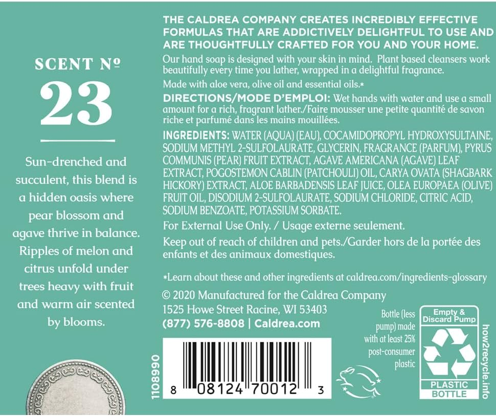 Caldrea Hand Soap, Pear Blossom Agave, 10.8 Fluid Ounce Hand Soap 10.80 Fl. Oz. image number 4