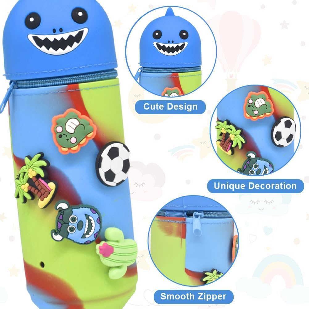 KDFSSIPE 2-In-1 Soft Silicone Case Kawaii Pencil Case and 5 Pieces Erasable Retractable Pens, Pencil Case, Stand up Pencil Case, Animal Pen Holder, Pencil Bag Girls Boys (Shark) image number 5