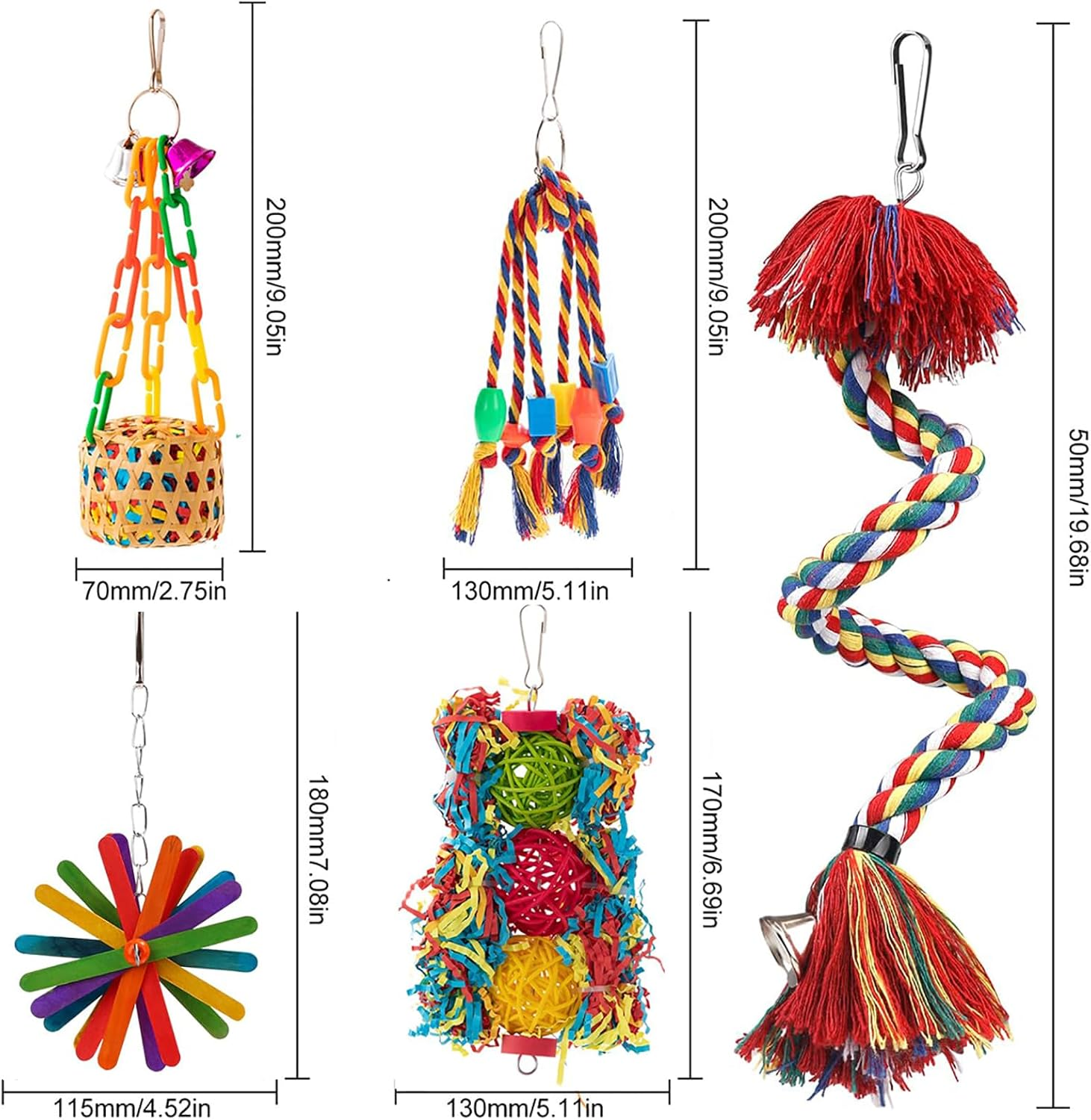 Velmoriah 5PCS Colorful Bird Toys for Parakeets, Parrot Chewing Shredding Foraging Toys Rope Perch with Bells, Bird Swing Climbing Standing Hanging Toys for Conure Cockatiel Budgies Lovebird image number 3