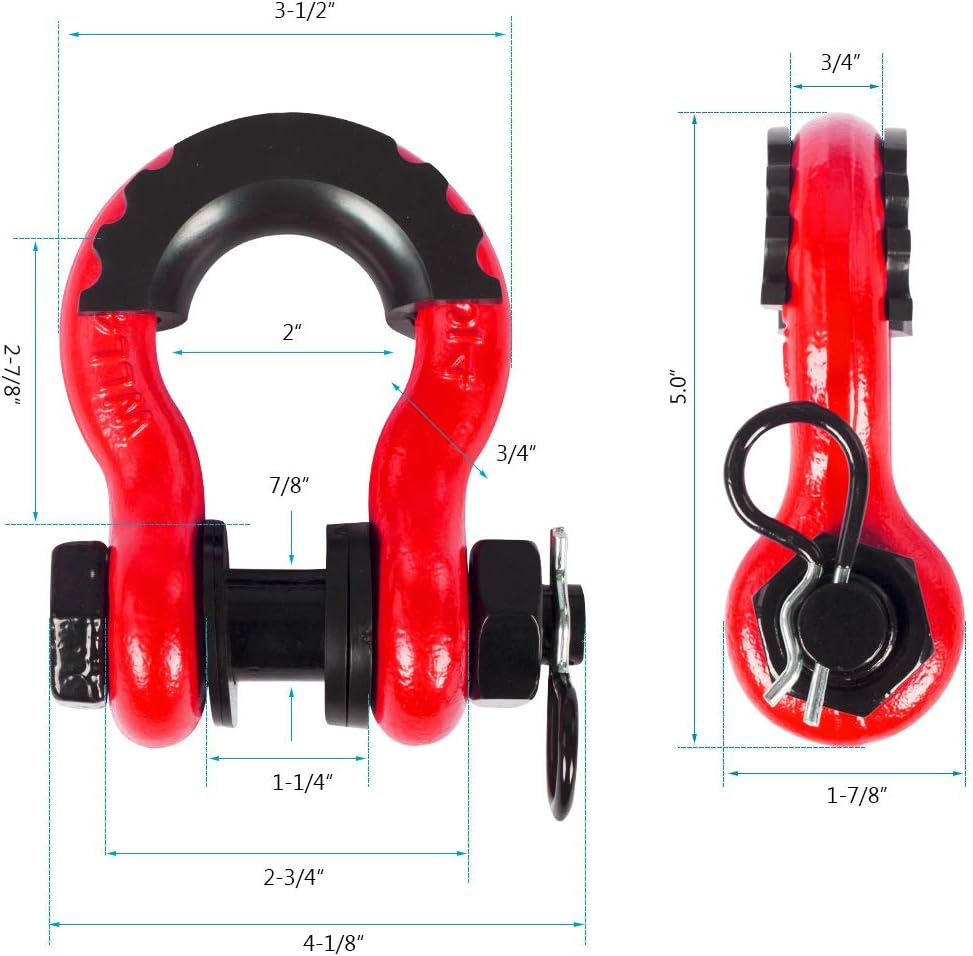 AMBULL Shackles 3/4 Inch D Ring Shackle (2 Pack) 41,850Lb Break Strength with 7/8 Inch Pin, Isolator and Washer Kits for Use with Tow Strap, Winch, Off-Road Jeep Truck Vehicle Recovery, Red - Darkgreen image number 4