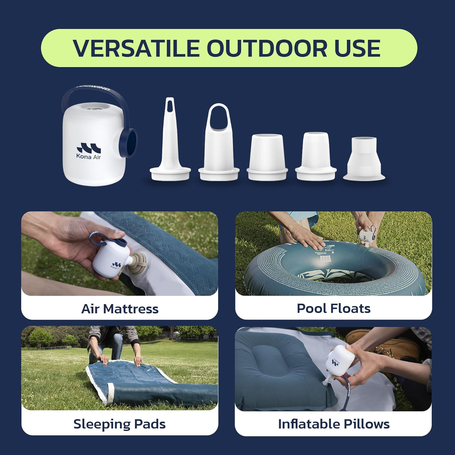 Woowind Kona Air Mattress Pump &ndash; Mini Air Pump for Inflatables, Cordless & Rechargeable, 200L/Min Flow, Inflates/Deflates Beds, Floats, Tents, with 10-Hour LED Light, Ultra-Portable Palm-Size image number 4