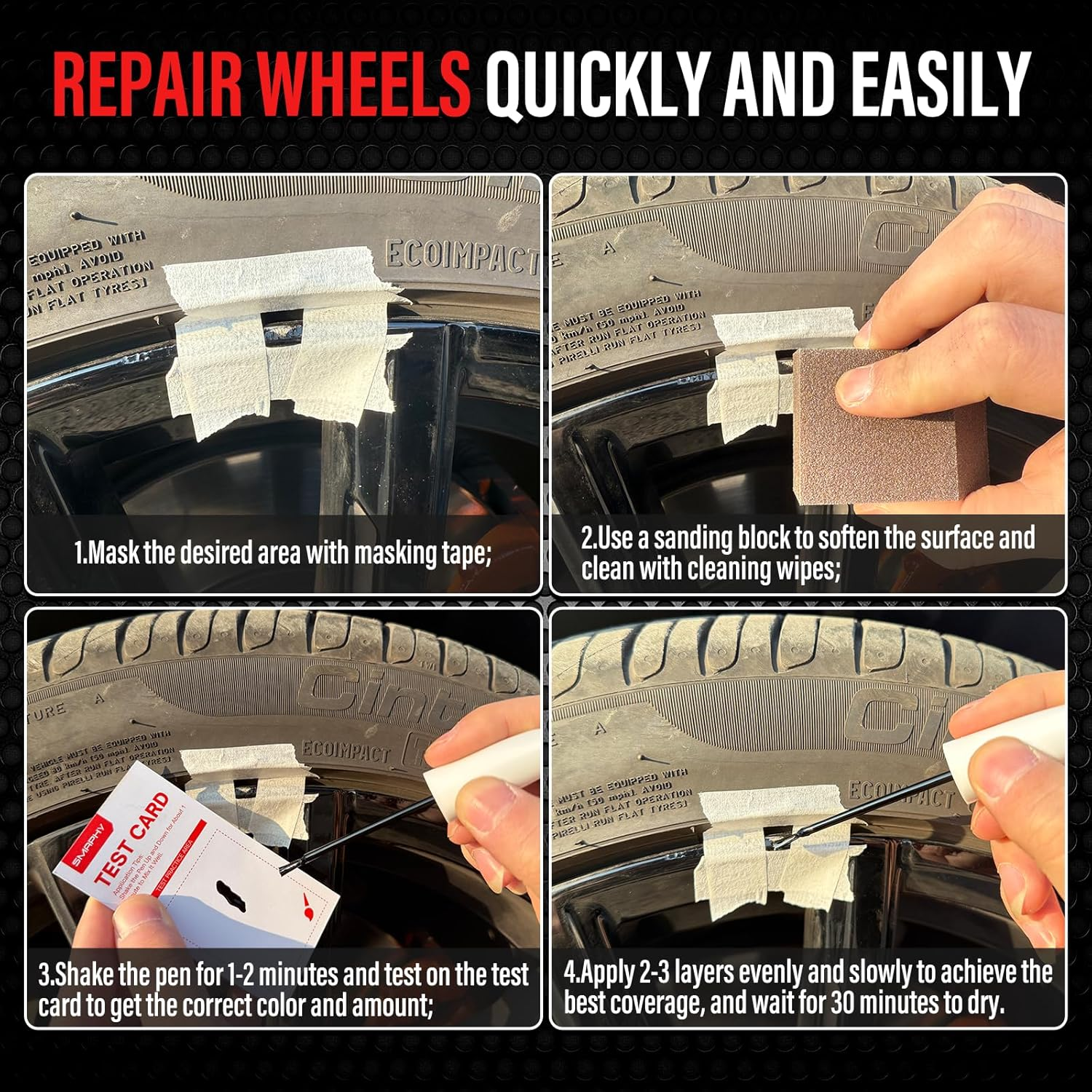 SMAPHY Wheel Scratch Repair Kit, Matte Black Rim Touch up Paint, Repair Curb Rash, Scratches, and Scuffs Quickly and Easily, Universal Color Black Wheel Paint image number 4